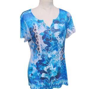 Blue Multi Floral Graphic Print Henley Top. Size: Large
